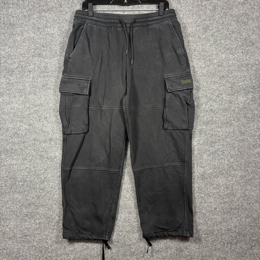 Timberland Box Fit Mens M Black Fleece Lined Cargo Sweatpants Embroidered Logo